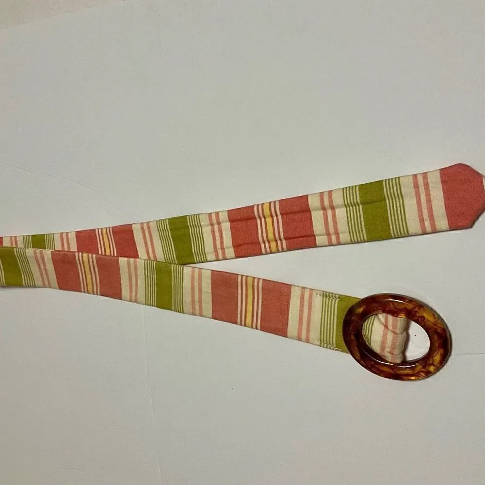 Eliza B Preppy Fabric Striped Belt with Slide Tortoise Shell Buckle, Small